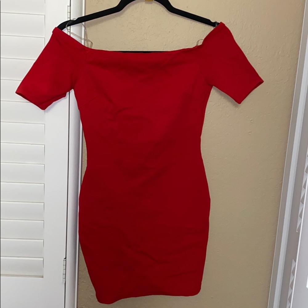 Simple Red Knit Off the Shoulder Dress